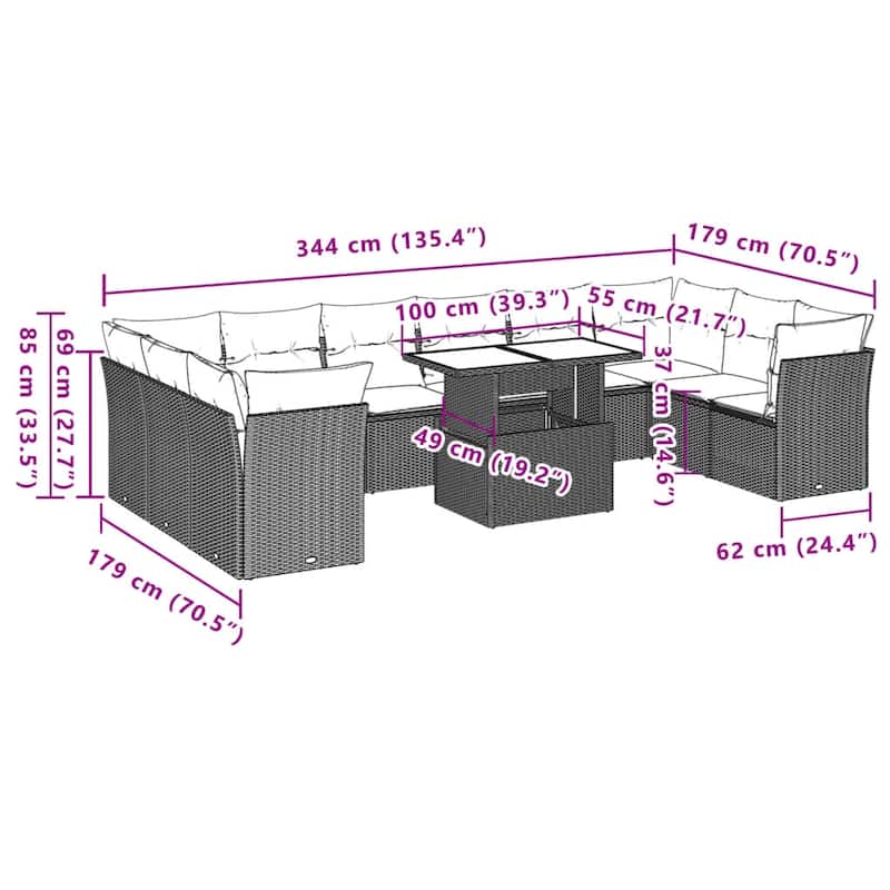 vidaXL 11 Piece Patio Sofa Set with Cushions Brown/Gray Poly Rattan - 24.4 x 24.4 x 27.2