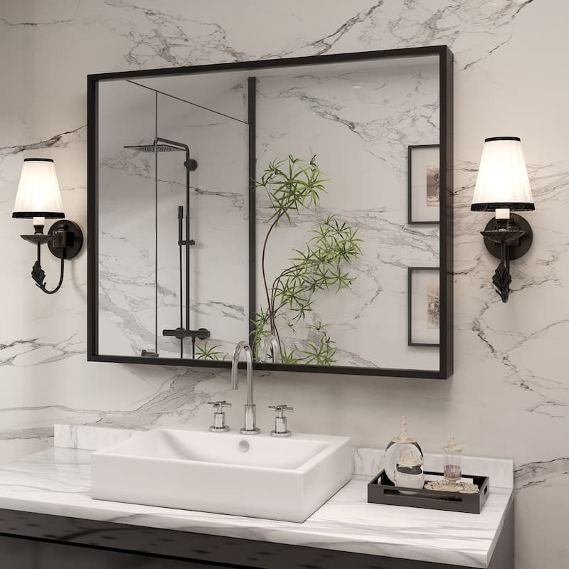 Tempered Glass and Metal Framed French Cleat Mounted Wall Bathroom / Vanity Mirror - 40" x 32" - Black
