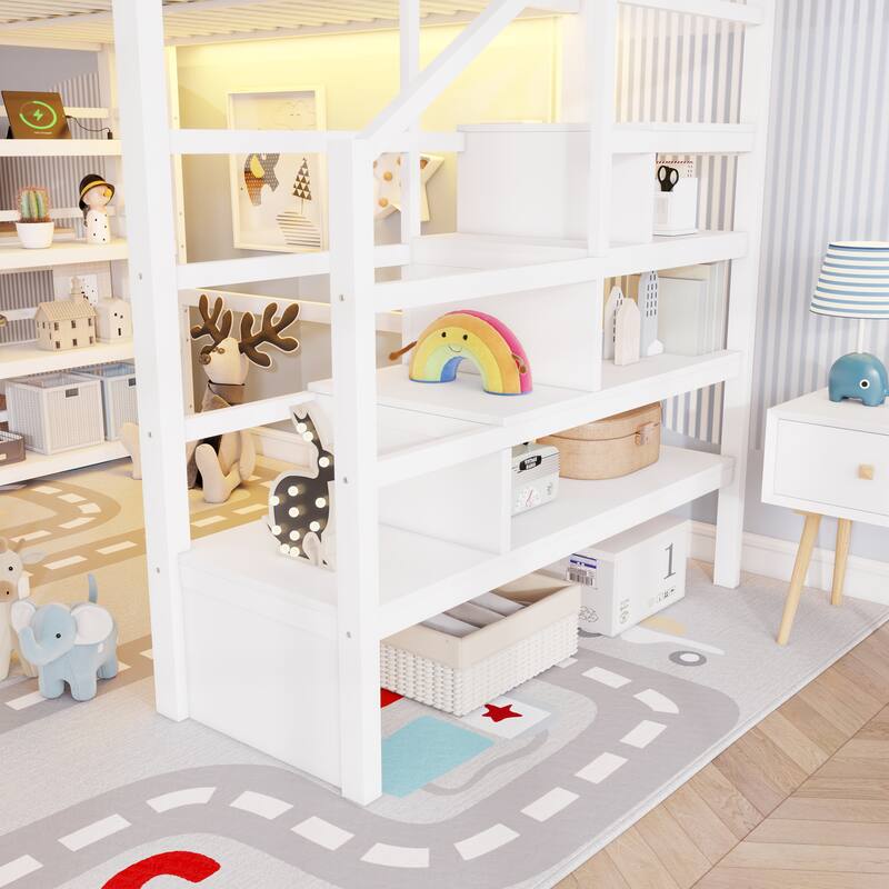 Full Size Metal Loft Bed with Charging Station and 4-Shelf Storage, Kids & Teens Loft Bed with Storage Stairs