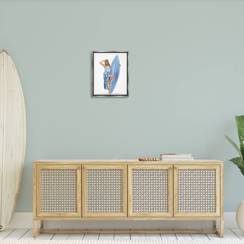 Stupell Trendy Surfer Girl in Blue Framed Floater Canvas Wall Art Design By Ziwei Li