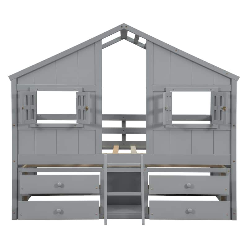 Full Size House Loft Bed with Roof, Windows, 4 Drawers, Safety Guardrails, Ladder, Grey