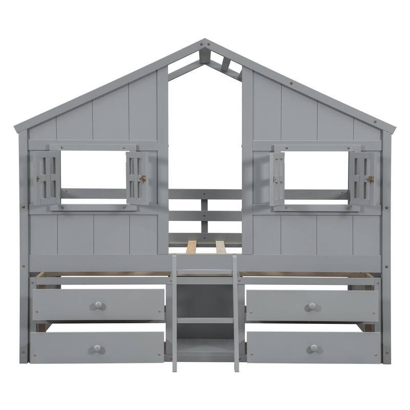 Full Size House Loft Bed with Roof, Windows,4 Storage Drawers,Pine Wooden Bed with Safety Guardrails,Ladder