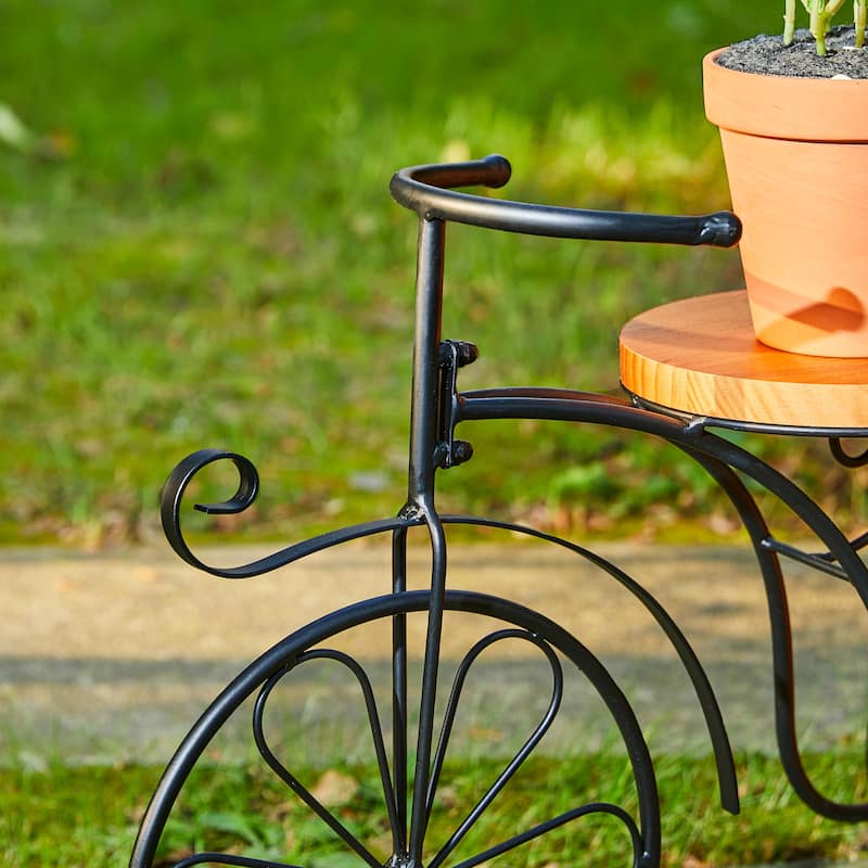 Glitzhome 24"L Spring Metal Tricycle Planter Stands Flower Pot Cart with Wood Trays