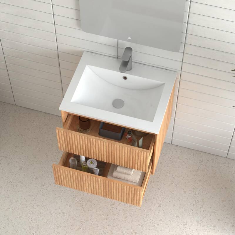24'' Floating Bathroom Vanity Set,Wall Mounted Solid Wood Cabinet with 2 Storage Drawers,Resin Integrated Basin