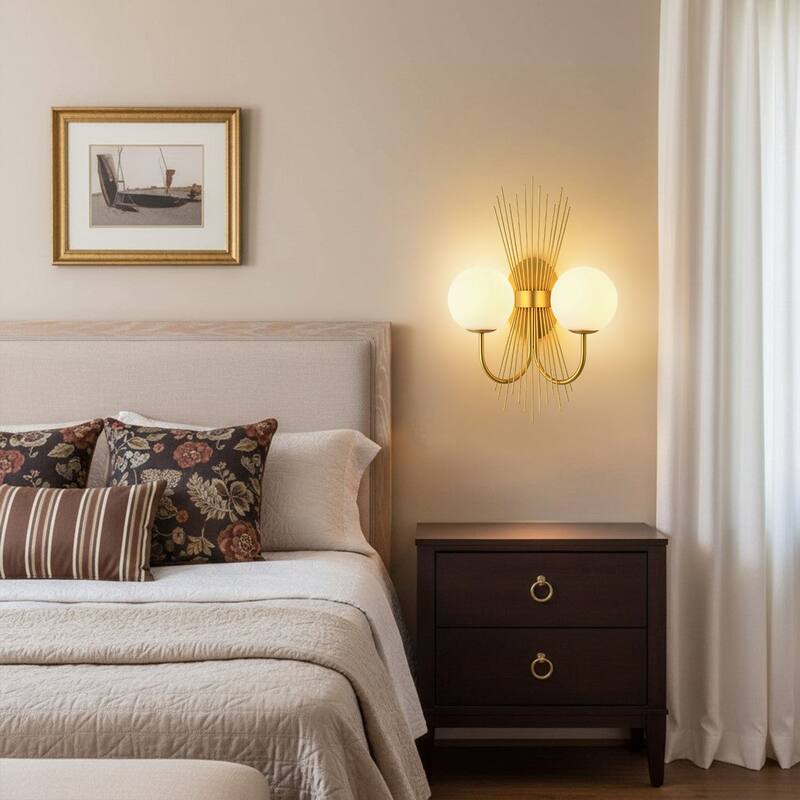 18.9" W 2-Light Mid-Century Modern Brushed Gold Sunburst Sputnik Wall Sconce with Milk Glass Globes