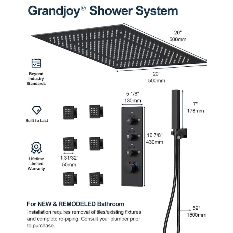 GRANDJOY LUXURY Shower Faucet System 20" Ceiling Mount LED Rainfall Shower Faucet with 6 Body Jets Handheld Spray with Hose