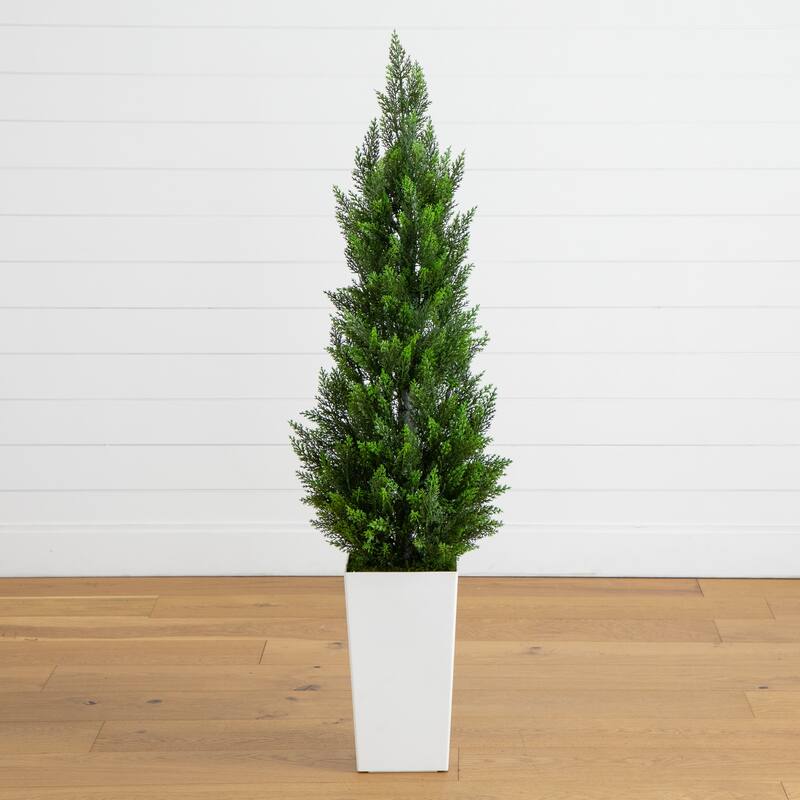 4-ft UV Resistant Artificial Cedar Tree in White Tower Planter