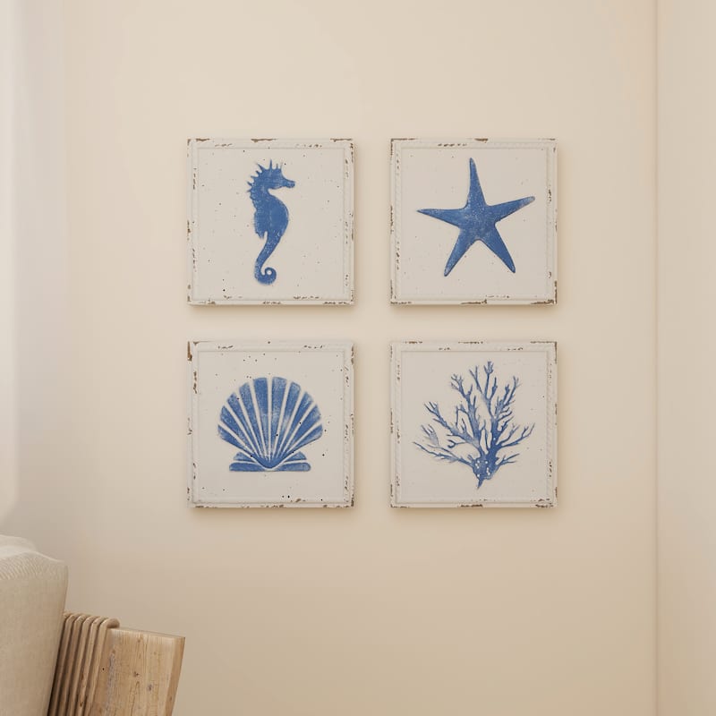 Metal Sail Boat or Sea Horse Speckled Home Wall Decor with Various Marine Life Designs - Set of 4 Cream - Roche River Decor