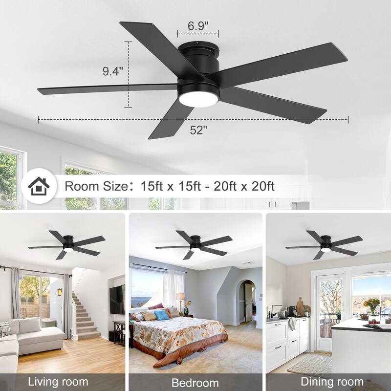 42"/52" Modern Black Flush Mount Ceiling Fan with LED Light and Remote
