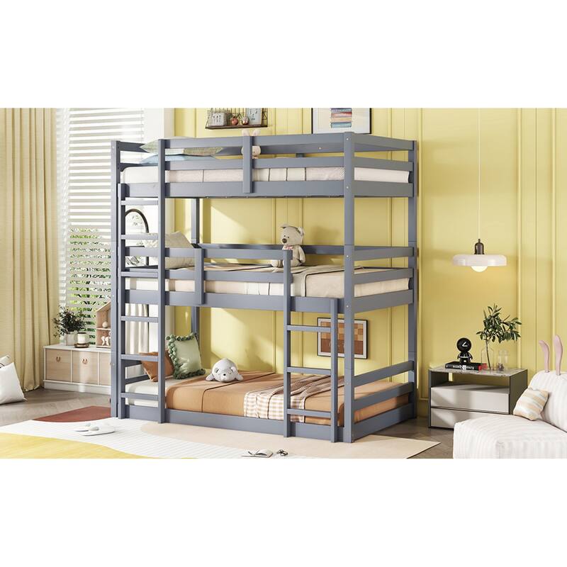 Roomfitters Triple Rubber Wood Bunk Bed, Detachable Twin over Twin over Twin with Ladders and Guardrails