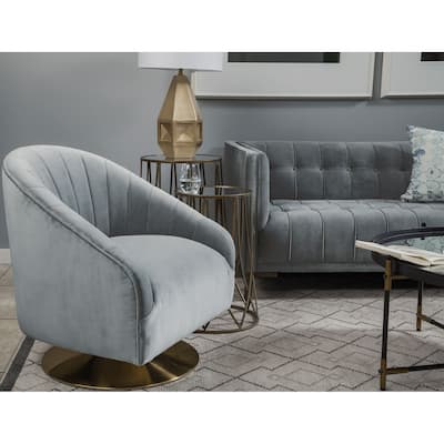 James II Gray Blue Velvet Covered Seat w Gold Swivel Base Accent Chair