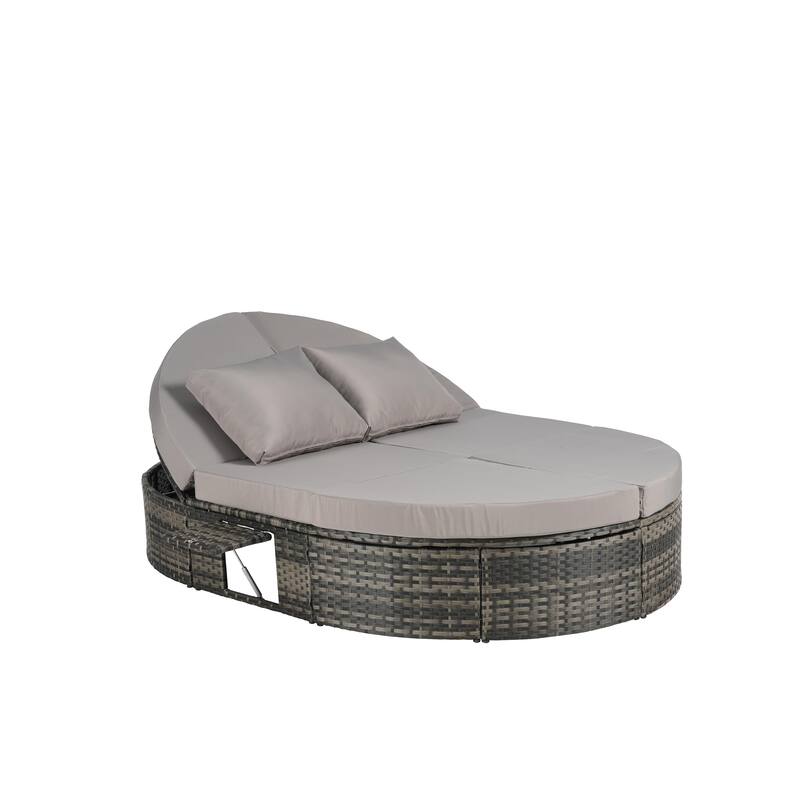 Outdoor Patio Rattan Round Daybed Sunbed with Adjustable Backrests and Foldable Cup Trays