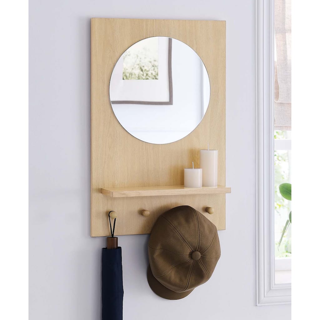 Teresa Modern Oak Wall Mirror with Shelf and Hooks