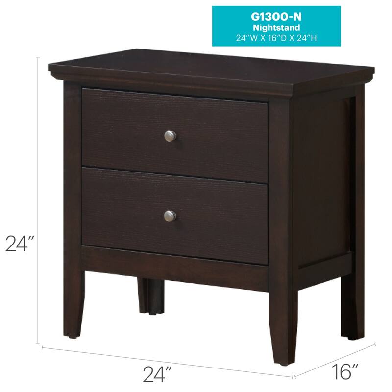 Espresso Nightstand 24x24x16 Compact Bedside Table with Two Drawers, Transitional Style and No Assembly for Bedroom