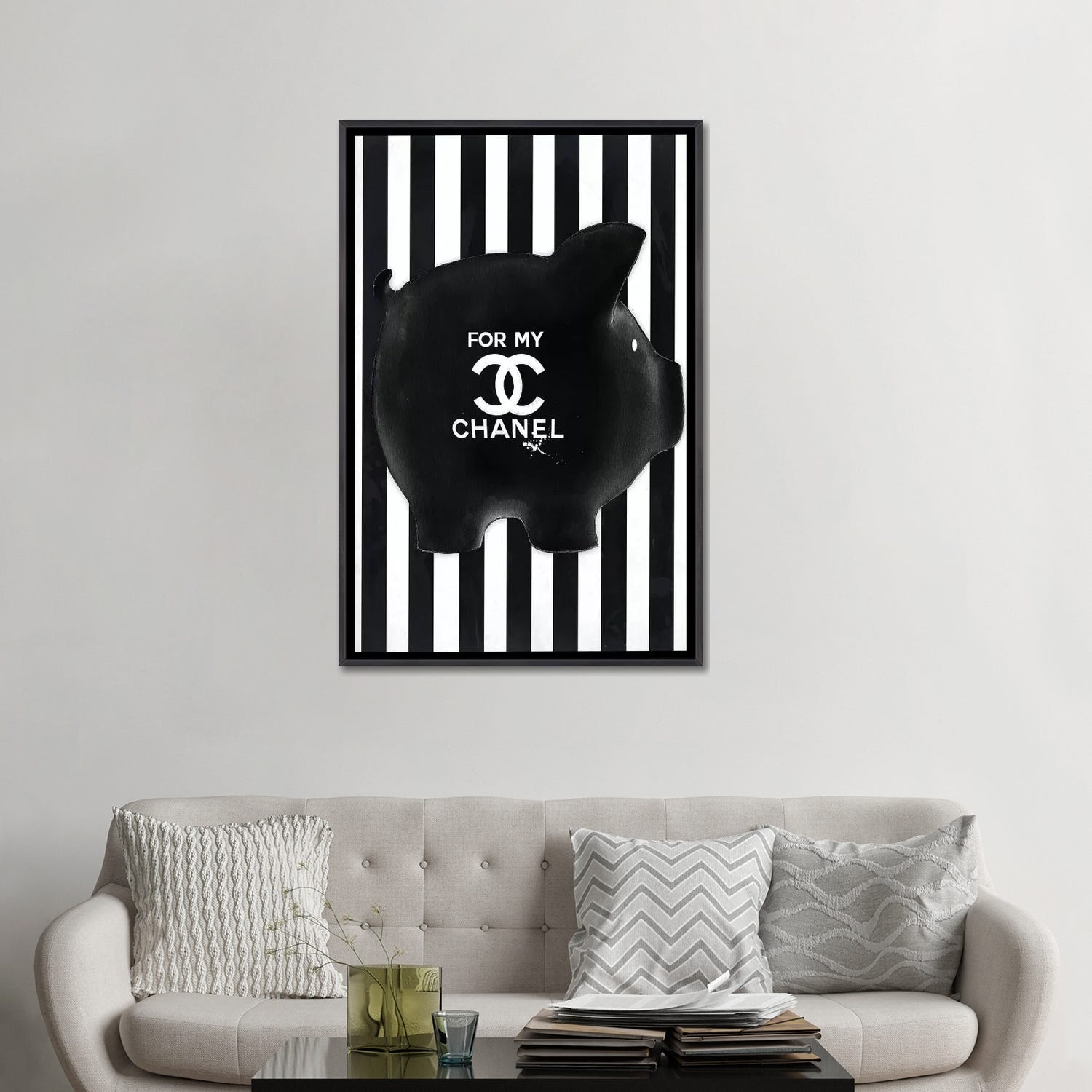 Framed Canvas Art (White Floating Frame) - Enough Already Grey by Studio One ( Fashion > Fashion Brands > Chanel art) - 26x18 in