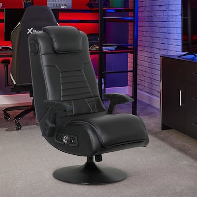 X Rocker Pro Series+ 2.1 Dual Vibrating Black Leather Foldable Video Gaming Chair with Pedestal Base and Headrest