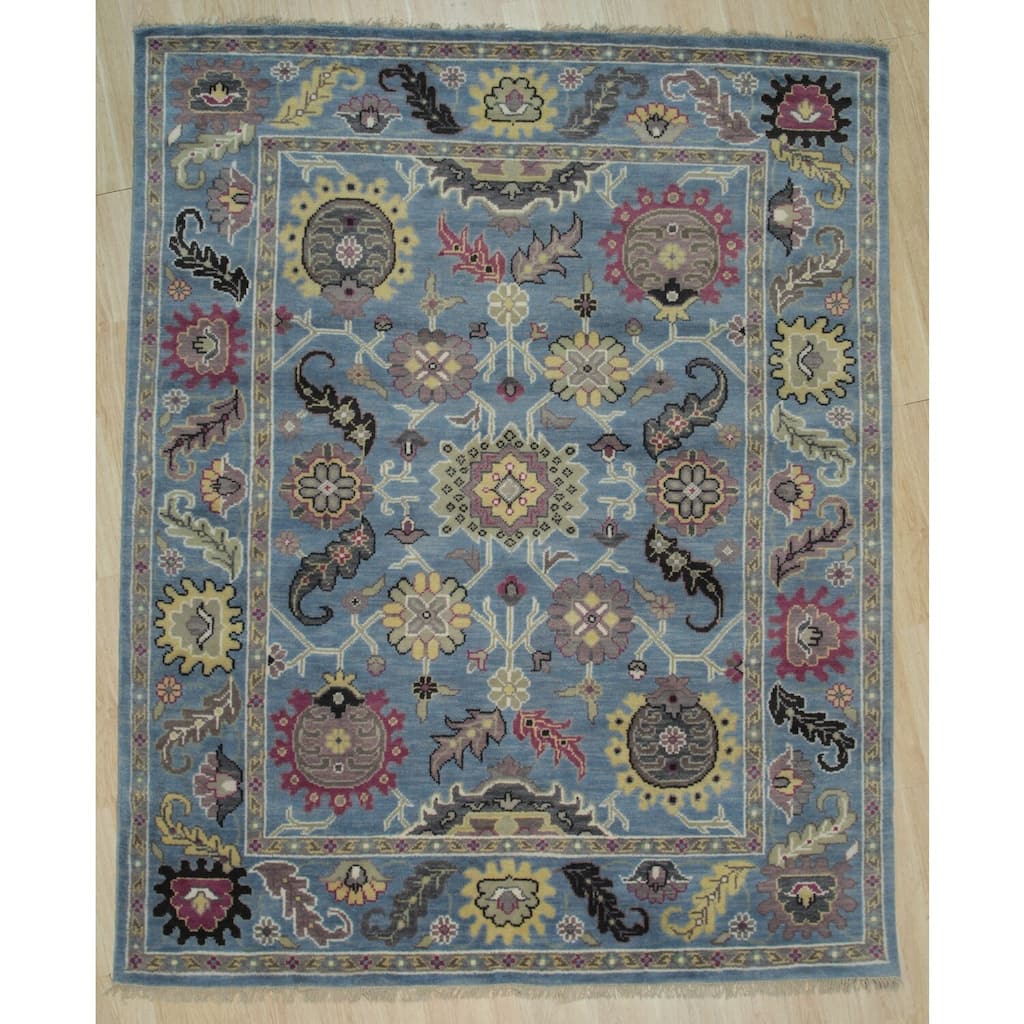Blue Hand Knotted Wool Rug, 8' x 10, Plush Stylish Floor Covering - L