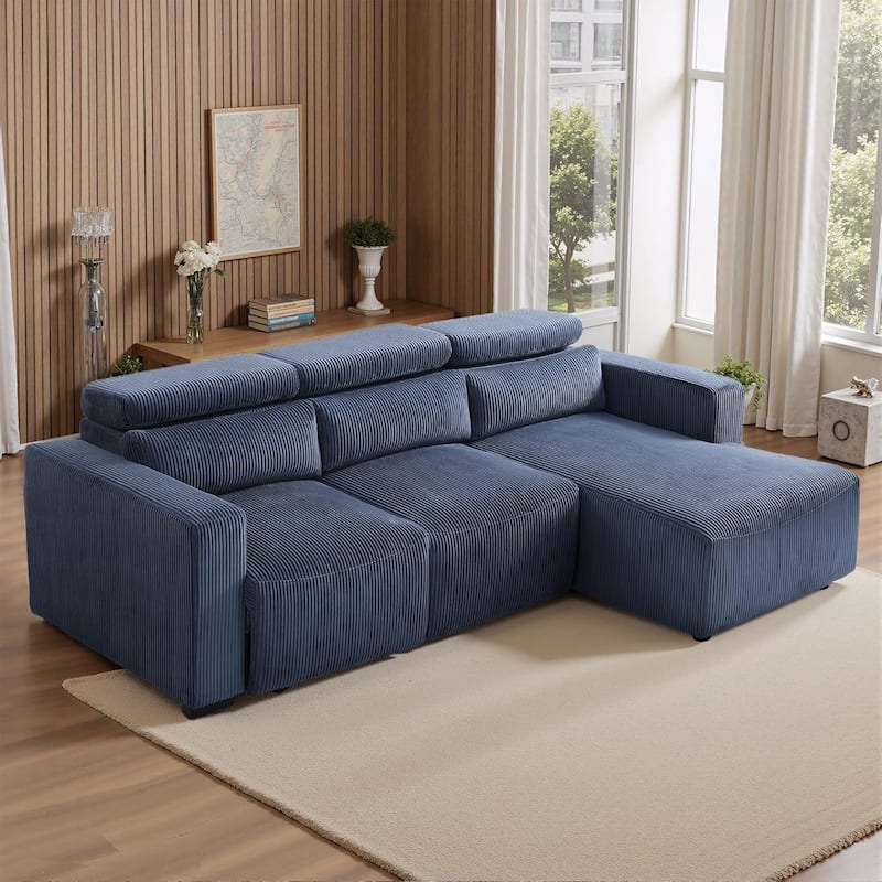 90.2" Electric Reclining Sectional Sofa with Adjustable Headrest & Ottoman, 3-Seat Deep Couch - Navy Blue
