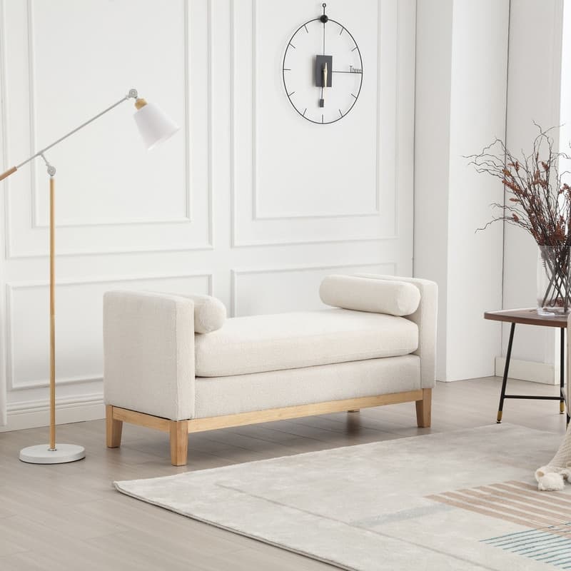 53.5"W Upholstered Bench with Bolster Pillows - Ivory