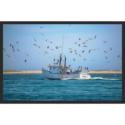 Fishing Boat with Seagulls Waiting for Food Photography by Wayne Collamore Framed Poster
