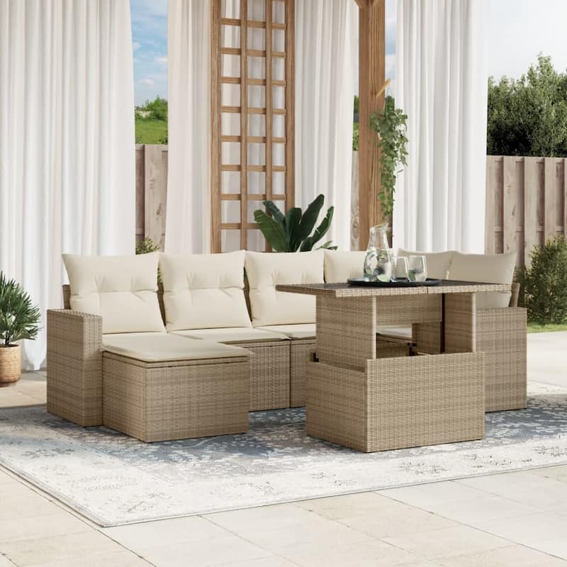 vidaXL Patio Sofa Set with Cushions Outdoor Furniture 7 Piece Poly Rattan - 21.7 x 39.4 x 28.7 - Beige and Cream-without storage