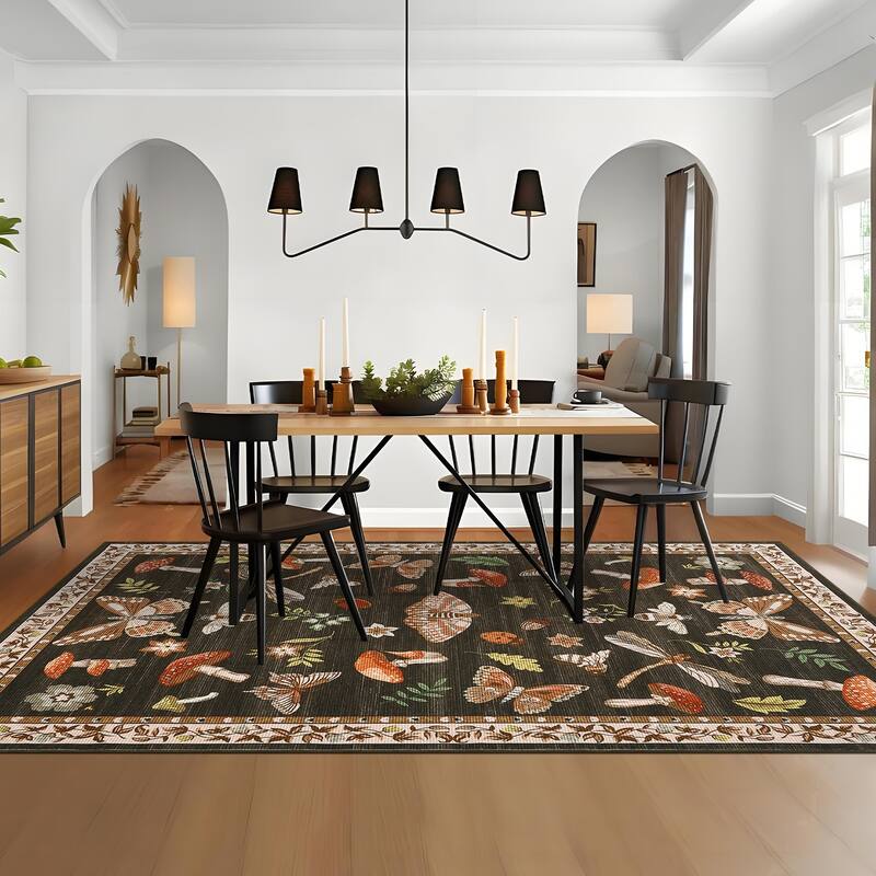 Area Rugs for Living Room Modern Insect Rug Mushroom Pattern Rug Soft Washable Non Slip Low Pile Rug