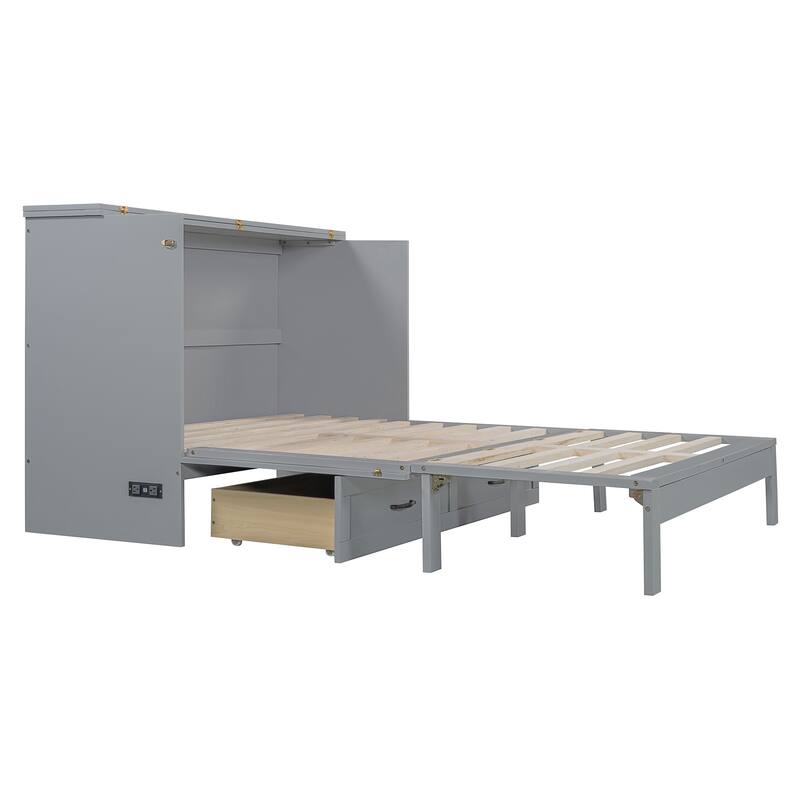 Space-Saving Queen Size Murphy Bed with Large Drawers and USB Charging, Gray
