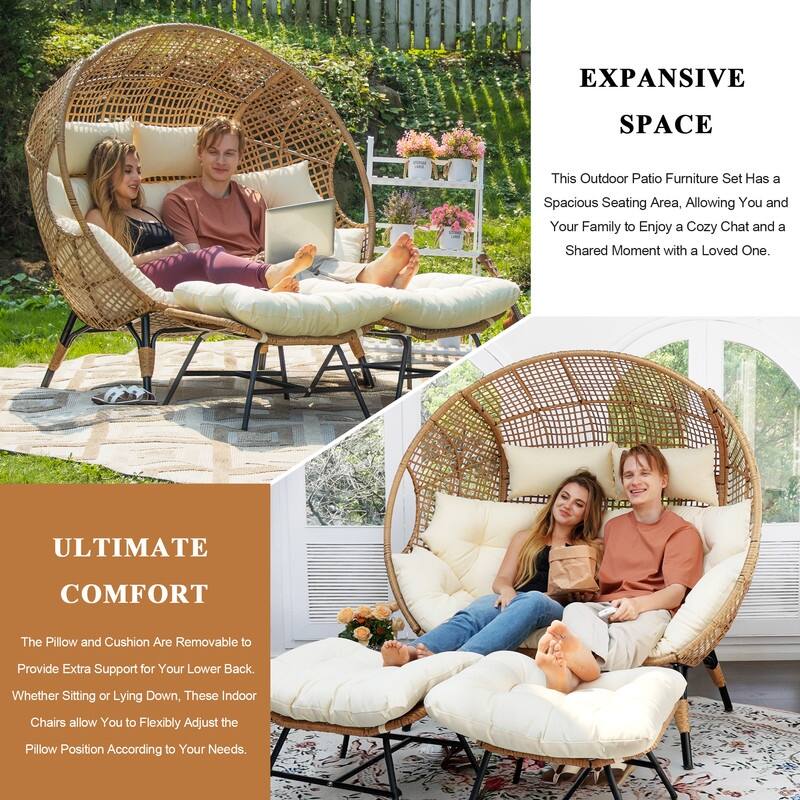 FINCATI Double Egg Chair with 2 Ottomans, 680-lb Capacity