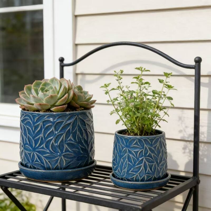 Set of 2 Handmade Modern Embossed Leaf Ceramic Planters with Saucers