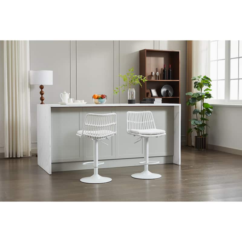 Set of 2 Vintage Rattan Bar Stool, 360° Swivel Seat Chair with Metal Base, Adjustable Height Counter Height Chair with Footrest