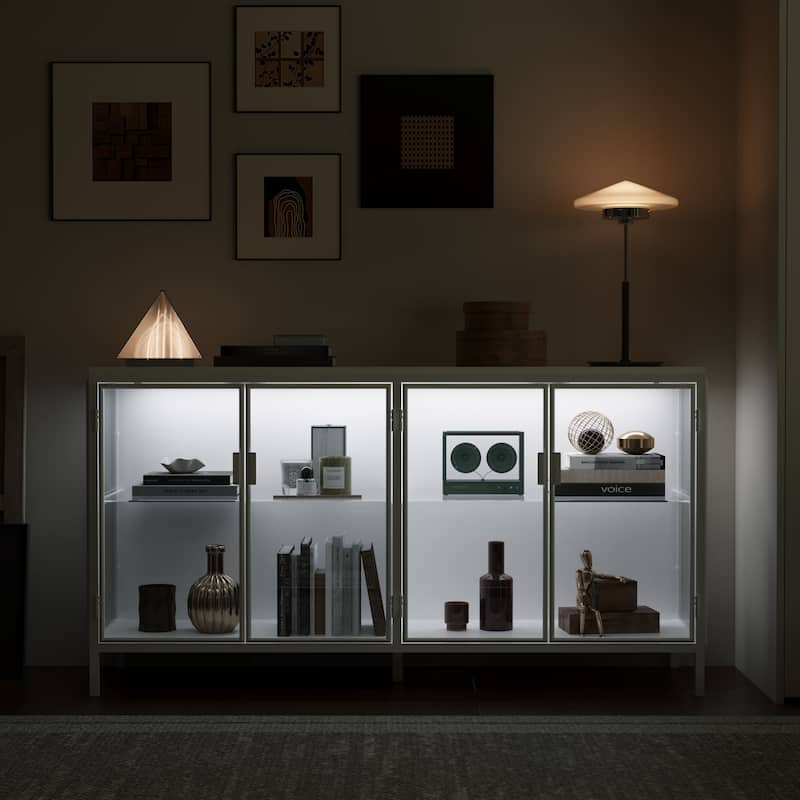 Black Metal & Glass Display Cabinet with LED Lights Accent Cabinet - 55.1"W