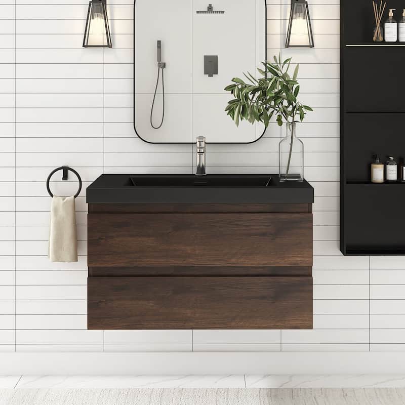 24/30/36 inch Wall-Mounted Bathroom Vanity Set in Rose Wood with Integrated Black Resin Sink