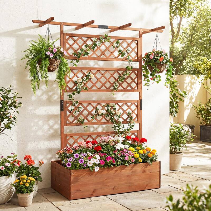 Gymax 72'' Wooden Planter Box w/Lattice Trellis Flat Roof Drainage for