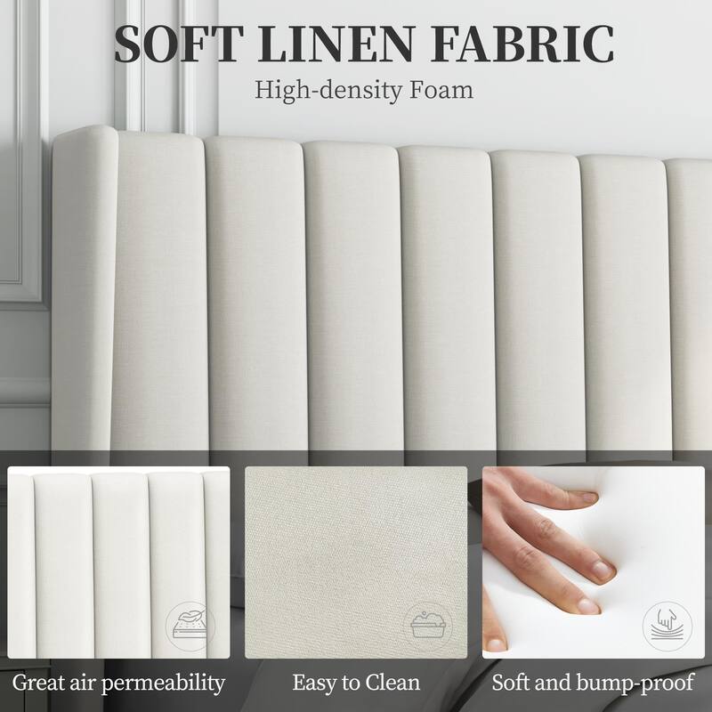 Full Bed Frame Upholstered Platform Bed with Fabric Headboard, Wing Edge/Wooden Slats Support/No Box Spring Needed