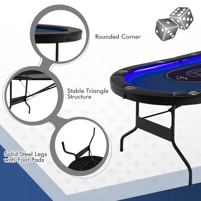 Costway Foldable 10 Player Poker Table Casino Texas Holdem with LED - See Details