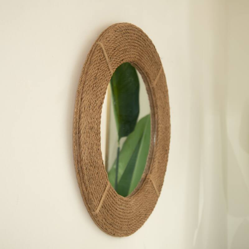 Breeza Hemp Hand-Woven Bamboo Circle Mirror - Earth Yellow, Bathroom, Bedroom - Silver