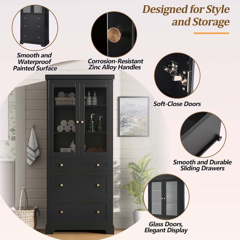 Modern High Freestanding Tall Bathroom Cabinet with 2 Adjustable Shelves,3 Drawers