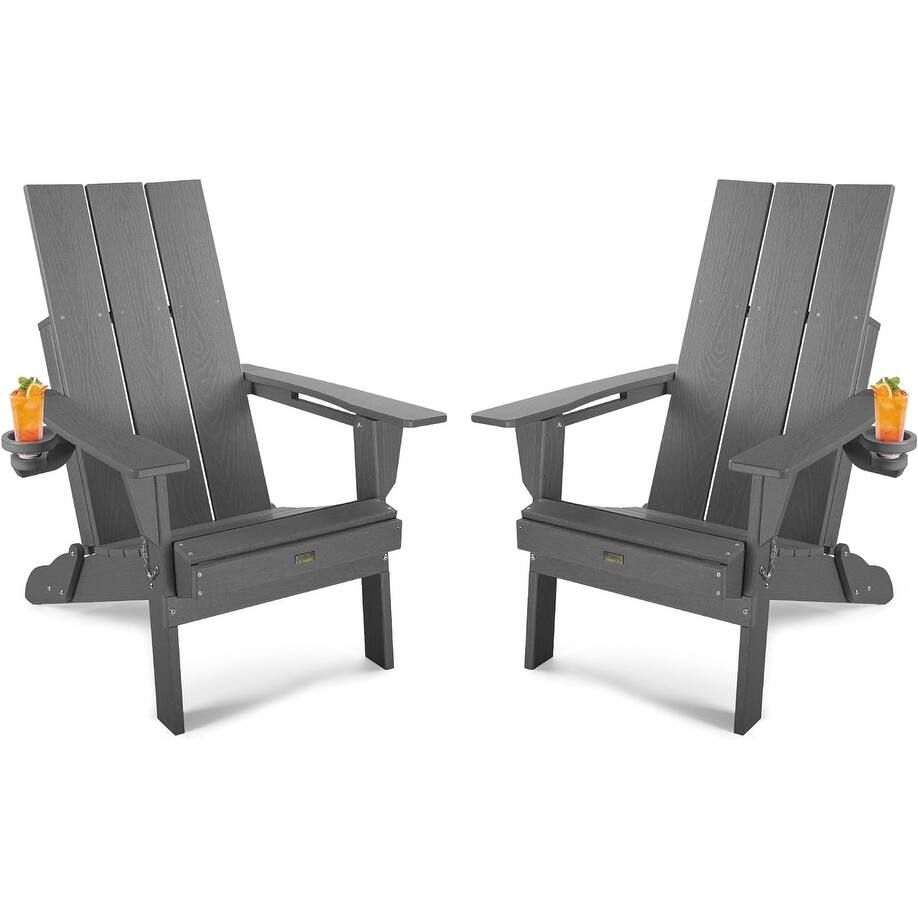 WINSOON Modern HDPE Outdoor Folding Adirondack Chair With Cup Holder-Set Of 2