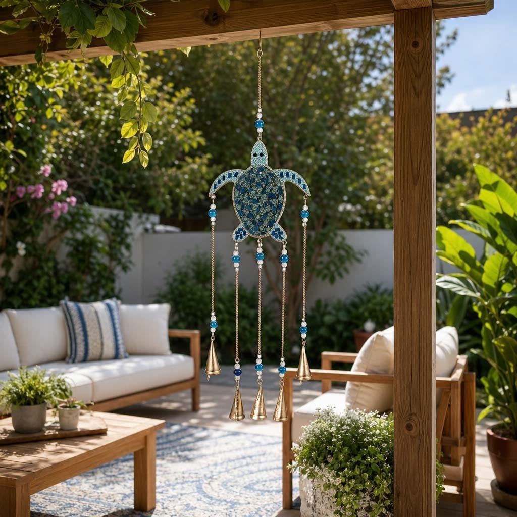 Wooden Mosaic Turtle Windchime with Bells & Glass Beads - 31", Blue - 30.75"