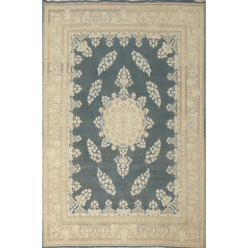 Hand Knotted Oriental 100% Wool Carpet Traditional Floral Navy Blue & Blues Tabriz Area Rug - 11' 9'' X 8' 8''