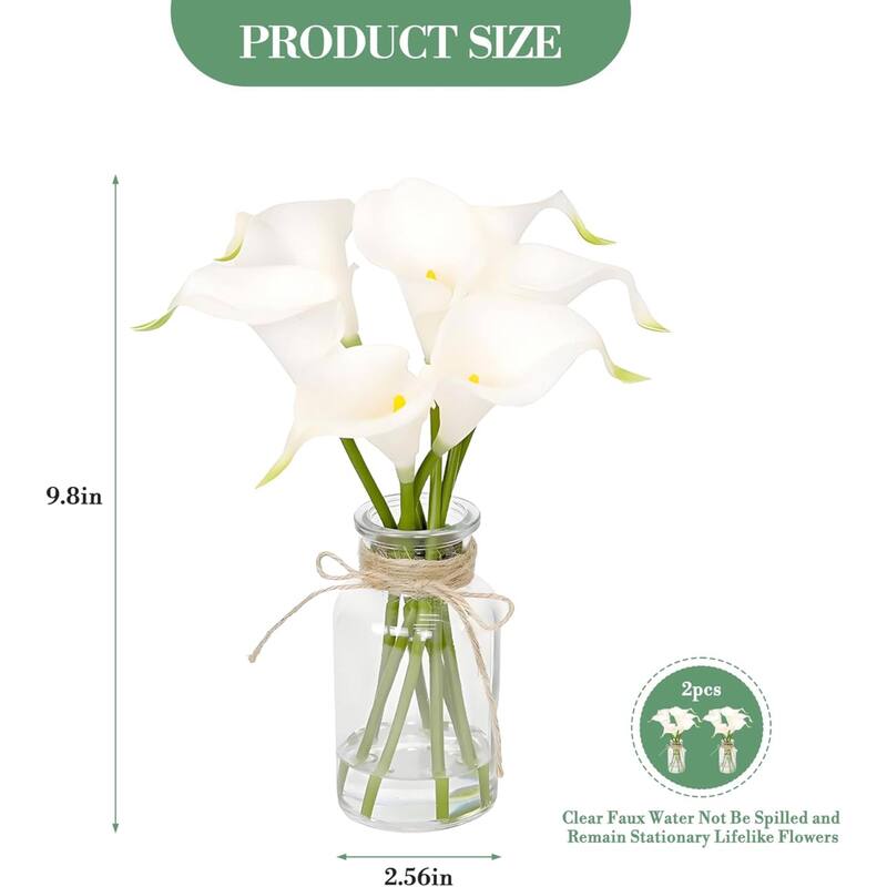 2PCS Calla Lily Artificial Flowers in Glass Vase with Faux Water - 2 pcs