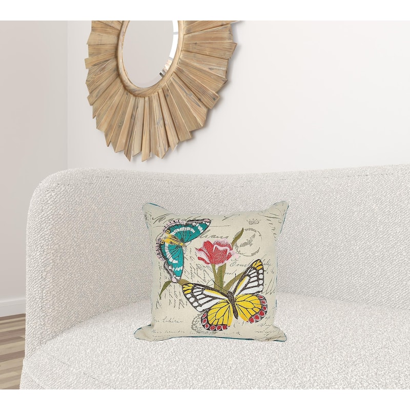 18"x18" Beige and Aqua Butterfly Linen Blend Floral Zippered Pillow