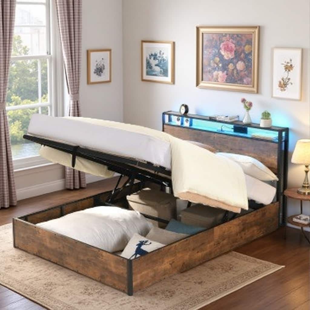 Full Size Gas Lift Storage Bed with Bookcase Headboard, LED Lighting & Charging Station, Frame with USB Ports
