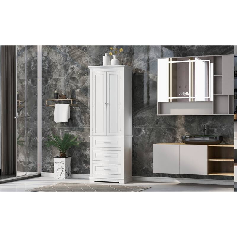 Roomfitters 64" Tall Bathroom Storage Cabinet, Modern MDF Linen Tower with 3 Large Drawers & Adjustable Shelves, White