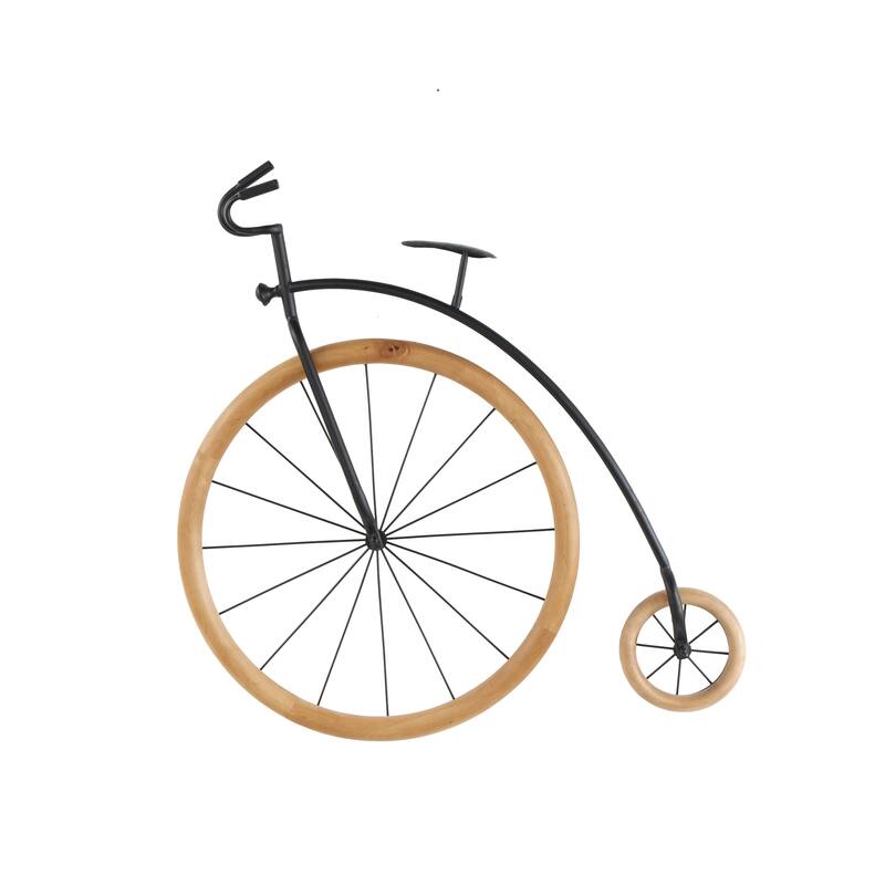 Black Metal Bike Home Wall Decor with Brown Wooden Wheels