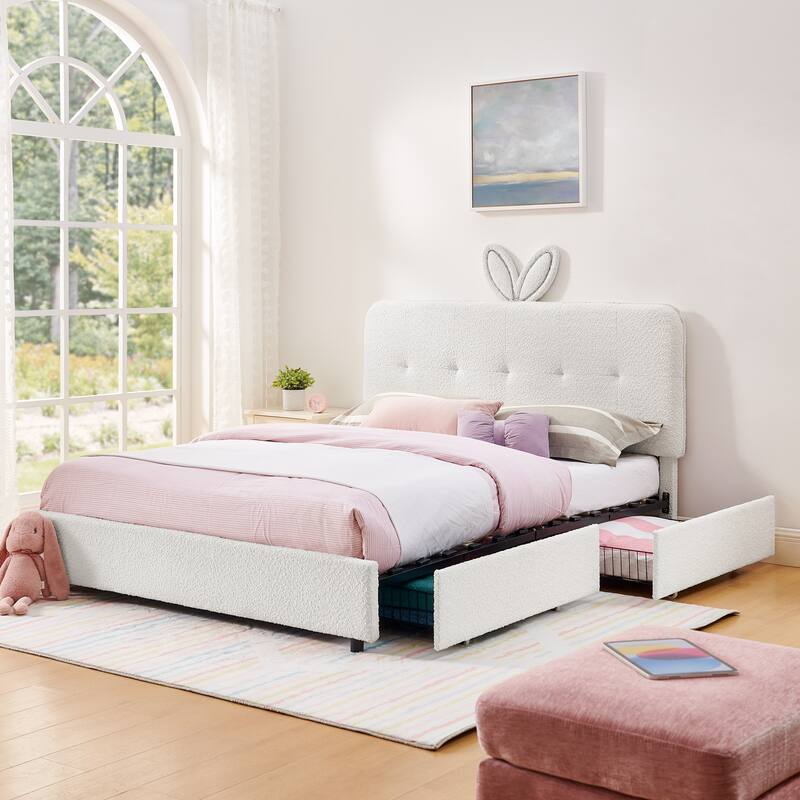 Queen Size Boucle Upholstered Bed with Rabbit Ear Headboard, LED Music Sync & 4 Drawers