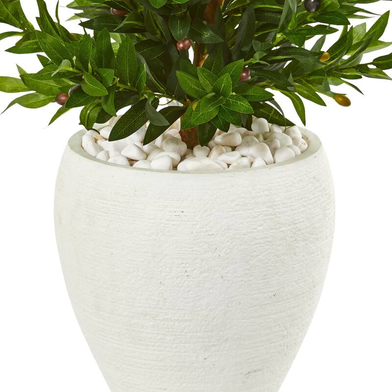 Artificial Olive Tree Topiary Cone - 3.5ft Indoor Outdoor Plant in White Planter - Green - 41-50 Inches