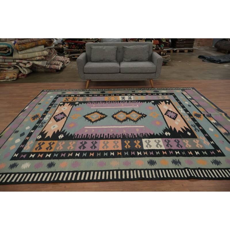 Hand Woven Oriental 100% Wool Carpet Southwestern Tribal Navy Blue & Blues Kilim Area Rug - 10' 2'' X 8' 4''