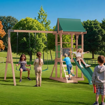 EROMMY 4-in-1 Wooden Swing Set – Backyard Playset w/ Slide, Climbing Wall, 2 Swings & Blackboard | Safe Outdoor Fun for Kids
