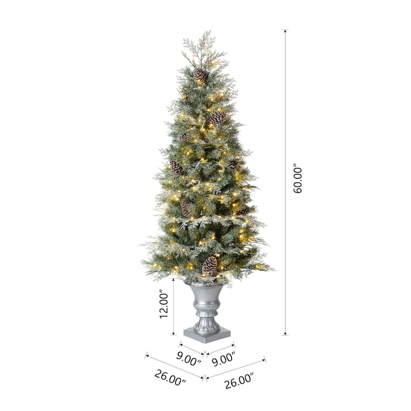 Glitzhome 4ft/5ft/6ft Flocked Pine Christmas Potted Porch Tree With Warm White Lights